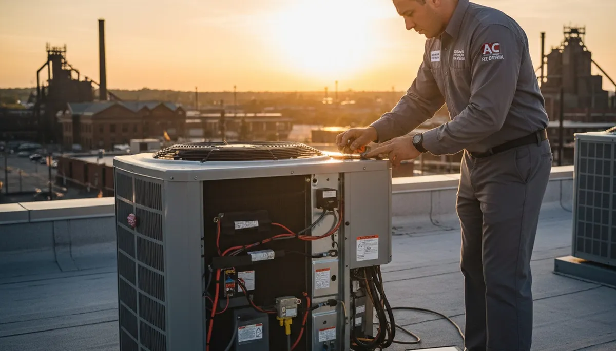 Professional AC repair technician servicing air conditioner unit in Pittsburgh, PA