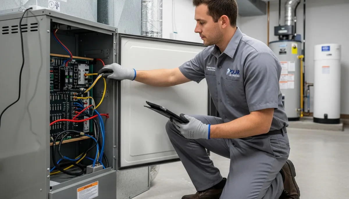 Technician performing furnace repair in Pittsburgh PA for Five Star Cooling heating service