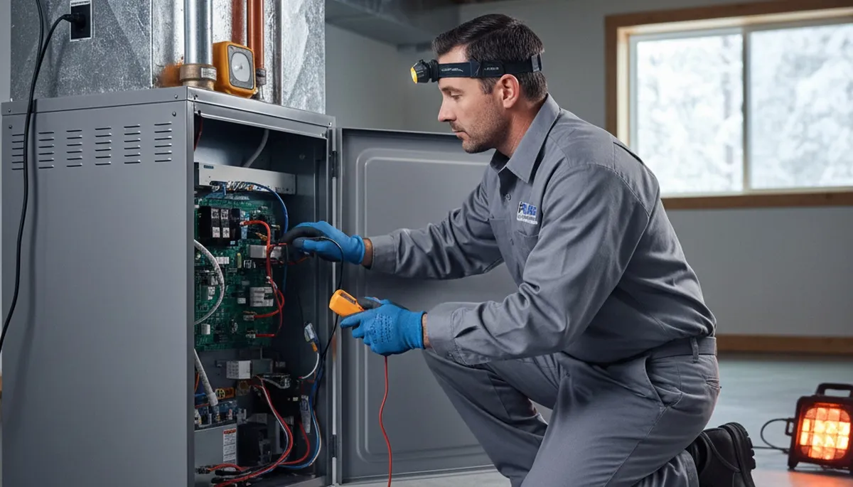Technician performing heating repair on furnace system in Pittsburgh, PA home