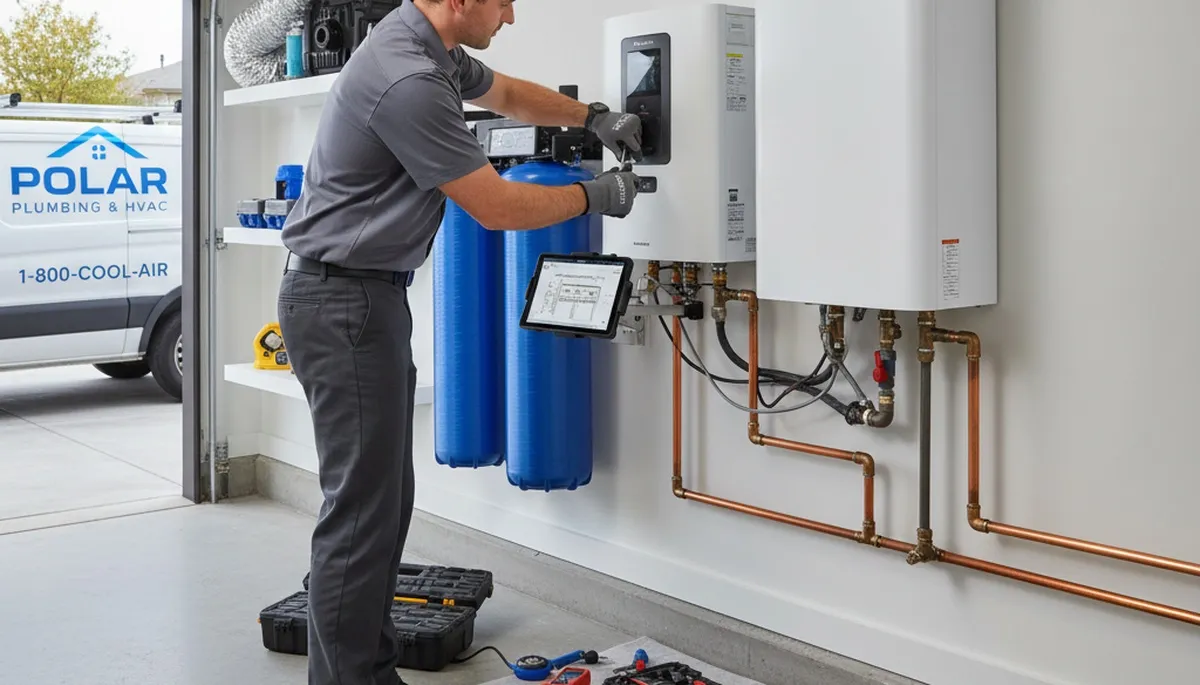 Technician repairing residential water heater unit in Pittsburgh, PA for Five Star Cooling